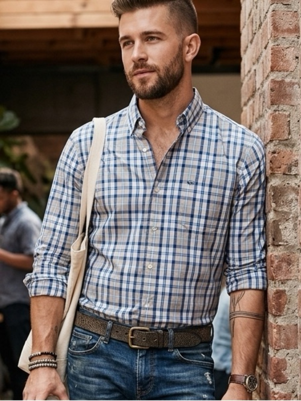 Dockers Blue and Tan Men’s Large Plaid Button-Down Shirt cotton blend work 1325